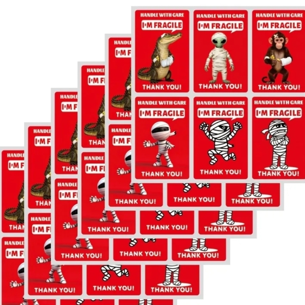Red 'Handle With Care I'm Fragile' Shipping Labels Stickers - Mummies/Animals 60